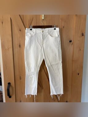 Frame Le Beau Crop White Denim Distressed Jeans 28 Raw Hem Stretch